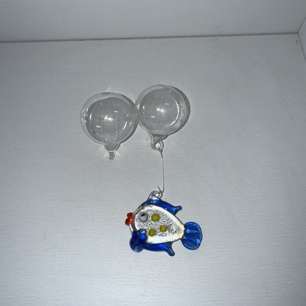 Handmade Floating Blown Glass Blue Fish W/Bubble Aquarium Decoration Extra Bubbl